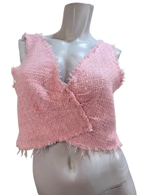 Handmade OOAK Pink Tweed Boucle Fringe Crop Top You Go Girl Back S M Barbiecore thumbnail 1