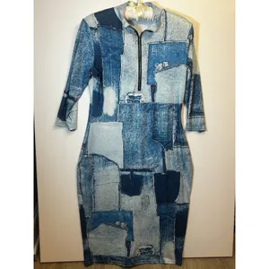 Women’s 2XL Blue Denim Patchwork Print Quarter Zip Midi Dress 3/4 Sleeves Casual thumbnail 8