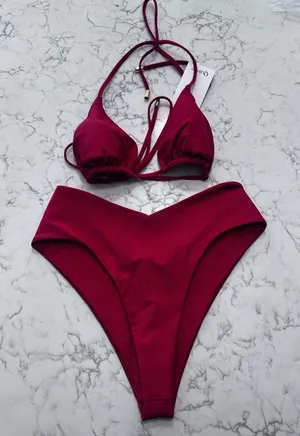 New Quince Cherry Red Italian Triangle Bikini Top & V Cut High Leg Bottom Medium thumbnail 1