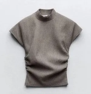 Zara ruched top textured gathered mock neck short sleeve neutral taupe thumbnail 1