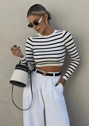 Commense Striped Casual Strech Crop Bodycon Knit Top Black White Stripe S thumbnail 1