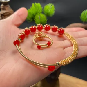 18K Gold Plated Red Agate Jewelry Set,Agate Beaded Charm Bracelet,Agate Ring thumbnail 2