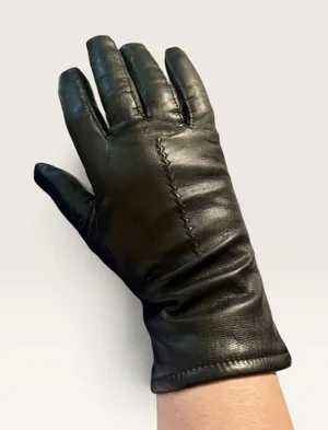 Fownes Black Genuine Leather Lined Gloves Women 7.5 Zigzag Stitch Detail thumbnail 1