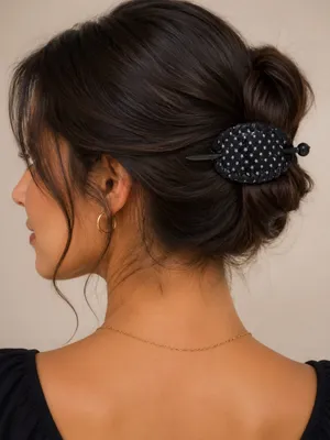 Black faux leather slide hair Stick Clip pin barrette. thumbnail 2