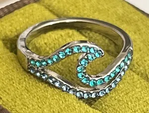 Wave Design Gorgeous Shades of Blue Gemstones Titanium Steel Statement Band S 6 thumbnail 1