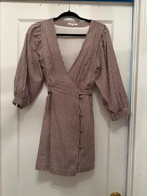 Tularosa Brown and White Gingham Button/Wrap Mini Dress thumbnail 1