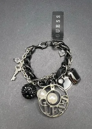 New! Guess Black Silver Tone Chunky Charm Faux Pearl Rhinestone Heart Bracelet thumbnail 1