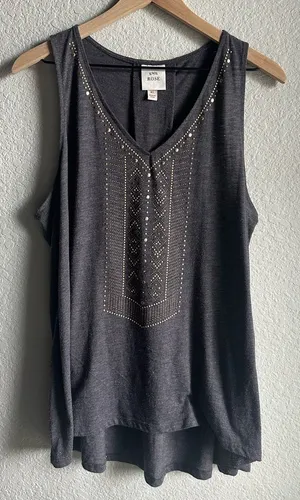 🩶Knox Rose Charcoal Grey and Good Sparkle Embellished V-neck Tank Top thumbnail 1