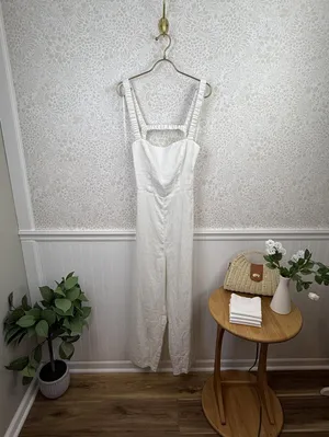 Reformation Harlow White Linen Wide-Leg Jumpsuit - Size - 6 - NWT thumbnail 2