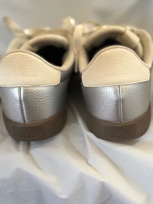 adidas Women’s Silver Metallic Sneakers with White Stripes and Brown Gummy Sole thumbnail 5