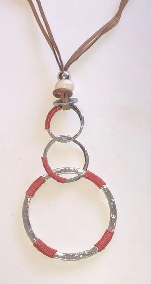 Silver Tone & Coral Red Triple Ring Boho Pendant Necklace thumbnail 1