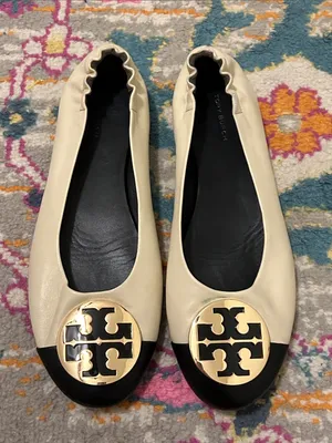 Tory Burch Claire Cap Top Leather Ballet Flats in New Cream/Black Size 9 Neutral thumbnail 6