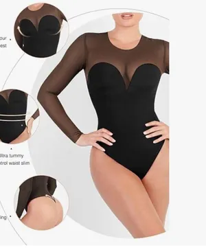 Popilush Sheer Mesh Shapewear Long Sleeve Thong Bodysuit thumbnail 5