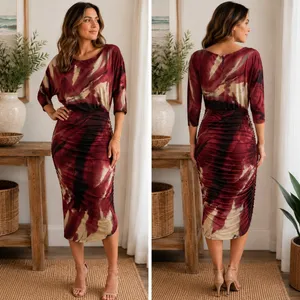 Alice + Olivia Dress Wmn M Burgundy Abstract Ruched Dolman Midi Artistic Modern thumbnail 2