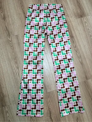 Retro Flower Power Flared Pants Pink Green Brown Daisy Print Y2K 70s S thumbnail 2