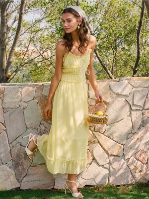Rihoas Yellow Sweetheart Neck Ruffle Midi Dress thumbnail 4
