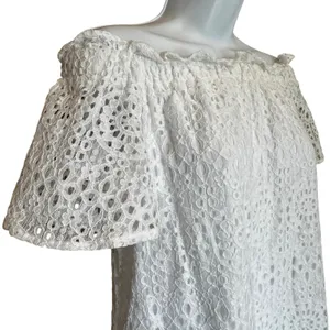 Eyelet Lace Off Shoulder Dress S Ruffle‎ Cottagecore Coastal Grandmother Boho thumbnail 3