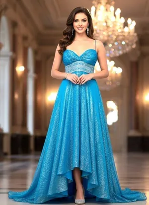 Dazzling Metallic Blue Silk Gown Flowy Prom 0 Hoco Glam Pageant Jeweled Hi-Low thumbnail 11