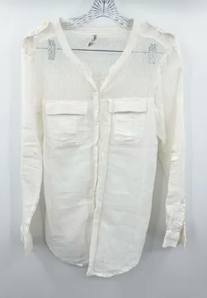 Free‎ People Women's White Linen/Cotton Button Down Lace Details Size Small thumbnail 1