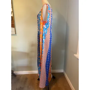 Patchwork Floral Print Maxi Dress coverup Sleeveless Blue Orange boho whimsigoth thumbnail 2