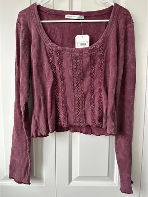 Altar'd State Vada Thermal Lace Crop Top NWT Burgundy 2XL thumbnail 3