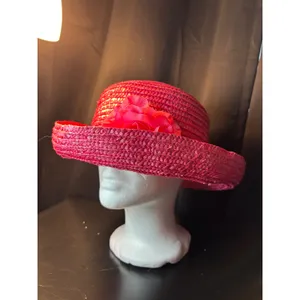 Vintage Magenta Pink Straw Sun Hat Wide Brim Floral‎ Ribbon Accent Summer Beach thumbnail 3