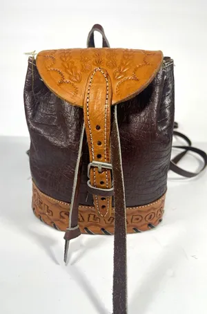Brown/Tan Floral Tooled Embossed Mini Backpack Drawstring Flap Buckle Silver thumbnail 1