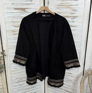 ZARA Women's L Combination Faux Suede Embroidered Jacket Boho Western Black thumbnail 2