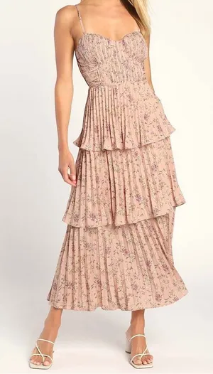 Lulus Cascading Crush Pink Floral Print Tiered Bustier Midi Dress size M thumbnail 1