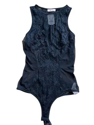 NWT A’Gaci Black lace & mesh bodysuit S floral lace sexy body suit club festival thumbnail 1