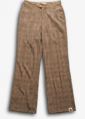 John Galt California Plaid Wide Leg Trousers Brown Red Check Pink Button 32W thumbnail 1