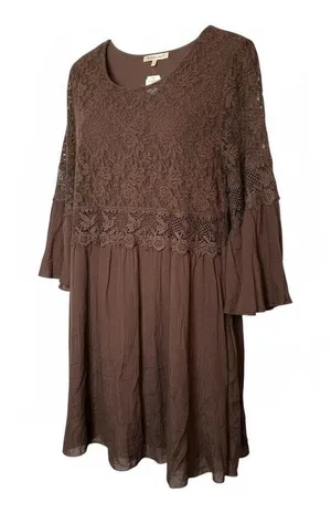 Indigo Soul Mini Dress Womens Medium Brown‎ Gored Crochet Lace Bell Sleeve Boho thumbnail 1