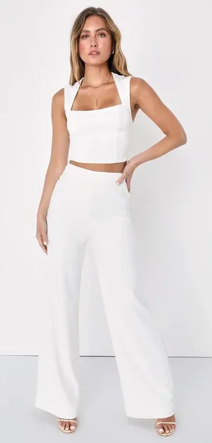 NWT Lulus Enticing Endeavors White Two-Piece Jumpsuit Wedding Classy Elegant XS thumbnail 1