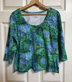 Chadwicks Green & Blue Patterned Scoop Neck Long Sleeve Top thumbnail 1