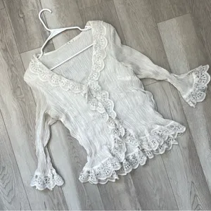 Romantic Bohemian Blouse crinkle pleat lace womens White one size cottage fairy thumbnail 1