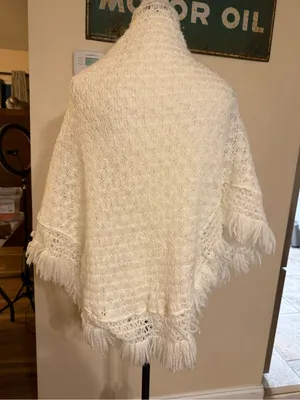 Vintage Acrylic Made In Japan Crochet Open Weave White Poncho Fringe Boho Large thumbnail 5