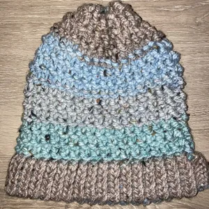 Handmade multicolored knit beanie hat for adults Blue thumbnail 2