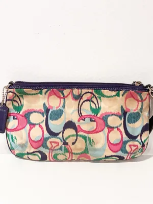 Coach Poppy Multicolor Ikat Scribble C Logo Sateen Tote Bag Purple Trim Wristlet thumbnail 7