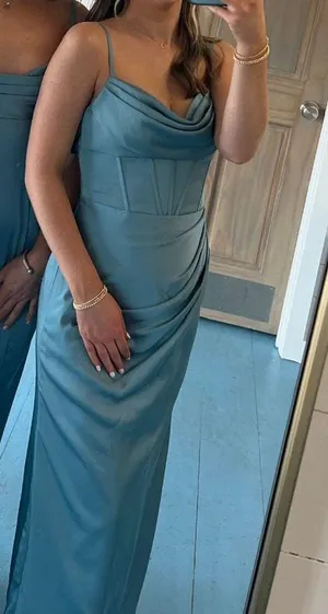 Azazie Mai Moody Blue Stretch Satin Dress thumbnail 4