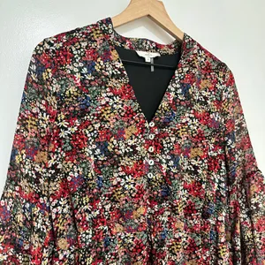 ENTRO | Floral V Neck‎ Button Front Long Balloon Sleeve Chiffon Mini Dress, S thumbnail 3