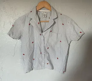 Blue and White Striped Button-Up Pajama Shirt with‎ Strawberries size Large thumbnail 1