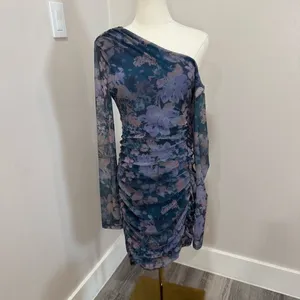Free People Womens Chole Blue Mesh Floral Print Shirred Sheath Dress Medium‎ thumbnail 2