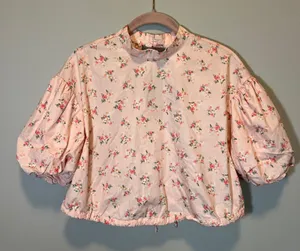 Anthropologie Pink Floral Puff Sleeve Open Back Ruffle Crop Top Mock Neck thumbnail 1