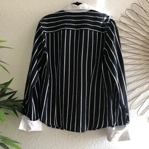 Black and white striped button up down long sleeve lightweight loose flowy shirt thumbnail 2