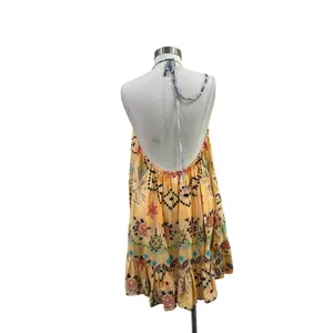Sundress Boho Halter Mini Dress Resort‎ Vacation Beach Cover Up Festival M/L thumbnail 3