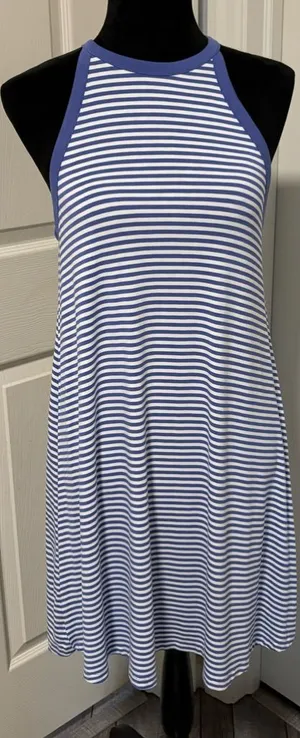 Old Navy Navy Stripe High-Neck A-Line Swing Dress thumbnail 1