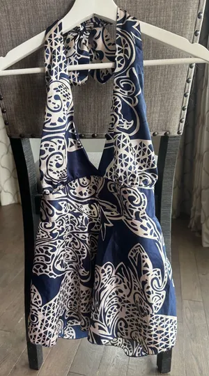 Wet Seal Navy and White Halter Dressy Tank with Decorative Print thumbnail 1