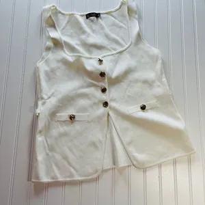 Blithe Anthropologie Knit Vest Ivory Gold Button Square Neck Back Tie Top L White Size L thumbnail 2
