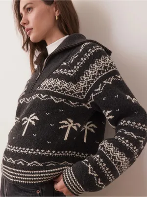 Marine Layer NWOT Whitney Quarter Zip Sweater L Palm Tree Fair Isle Après Ski thumbnail 4