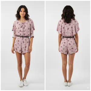 Free People Stealing Kiss Mauve Floral Romper Ruffle Flutter Sleeve‎ Tie Front M thumbnail 2